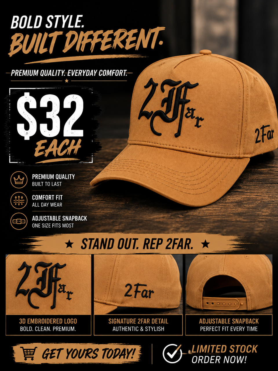 Black on Tan Deep Fit Cap